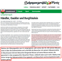 Presseartikel, Zeitungsartikel, Wintermarkt, Mariatann, Maria Tann, Unterkirnach, Markus der Mäusegaukler, Mäuseroulette