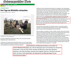 Presseartikel, Zeitungsartikel, Wintermarkt, Mariatann, Maria Tann, Unterkirnach, Markus der Mäusegaukler, Mäuseroulette