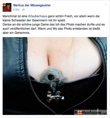 Bildschirmbild von der Facebookseite Markus der Mäusegaukler, Zaubermaus, Dekollete, AUssschnitt, freche Maus, freche Zaubermaus.