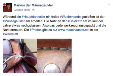 Bildschirmbild von der Facebookseite Markus der Mäusegaukler, Werkstatt.
