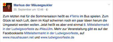 Bildschirmbild von der Facebookseite Markus der Mäusegaukler, Mäuseroulette, Mittelaltermarkt, Bewerbung.