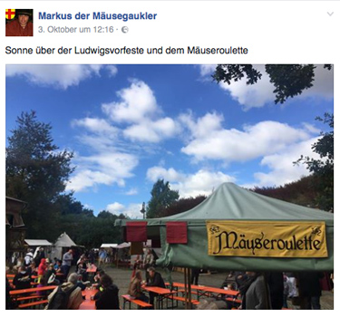 Bildschirmbild von der Facebookseite Markus der Mäusegaukler, Mäuseroulette, Mittelaltermarkt, Bewerbung.