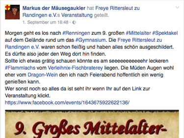 Bildschirmbild von der Facebookseite Markus der Mäusegaukler, Mäuseroulette, Lagerleben, Orsenhausen, Hornstein, Mittelaltermarkt.