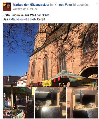 Bildschirmbild von der Facebookseite Markus der Mäusegaukler, Mäuseroulette, Mittelaltermarkt, Weil der Stadt.