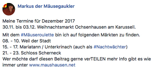 Bildschirmbild von der Facebookseite Markus der Mäusegaukler, Mäuseroulette, Mittelaltermarkt, Maushausen, Markus der Mäusegaukler, Nachtwächter.