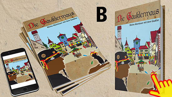 Vorschaubild mit dem Entwurf B für das Buch mit den Abenteuern der Gauklermaus
