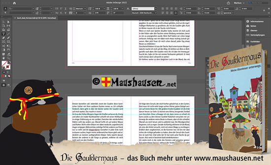 Bild zur Buchbearbeitung, im Hintergrund die Benutzeroberfläche von Adobe InDesign, davor der Kopf des Gauklers als Illustration, sowie das Bild des Buches als Photomontage