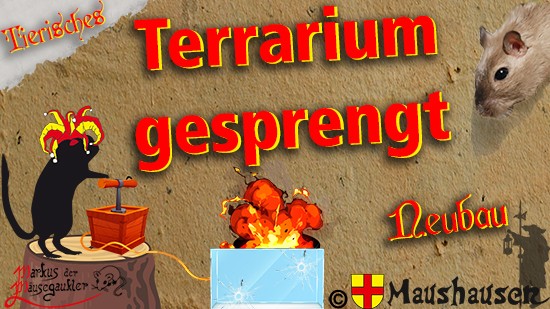 Vorschaubild Terrarium gesprengt. Maus mit Sprengzünder und explosion im Terrarium als Witzbild