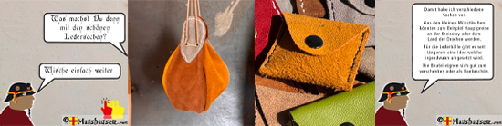 Bild mit dem Material aus den sozialen netzwerken auf welchen ich die im text stehende Frage beantwortet habe, sowie 2 bilder mit Lederbeuteln.